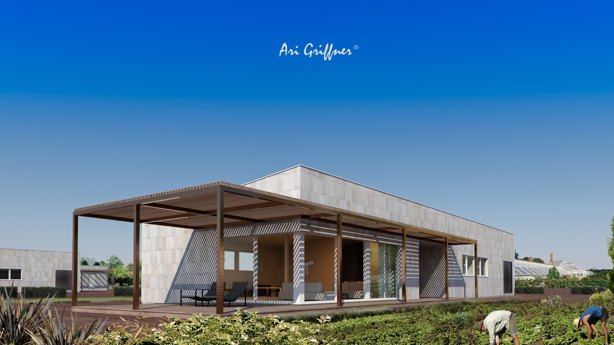 Long House in modernem Design mit Pultdach und asymmetrischer Fensteranordnung