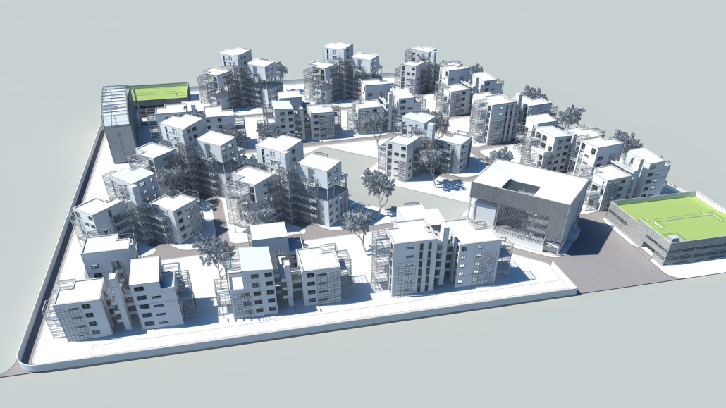 Visualisierung einens Geschossbauhabitats mit mehreren Wohneinheiten, Zentralgebäude und Garagengebäude