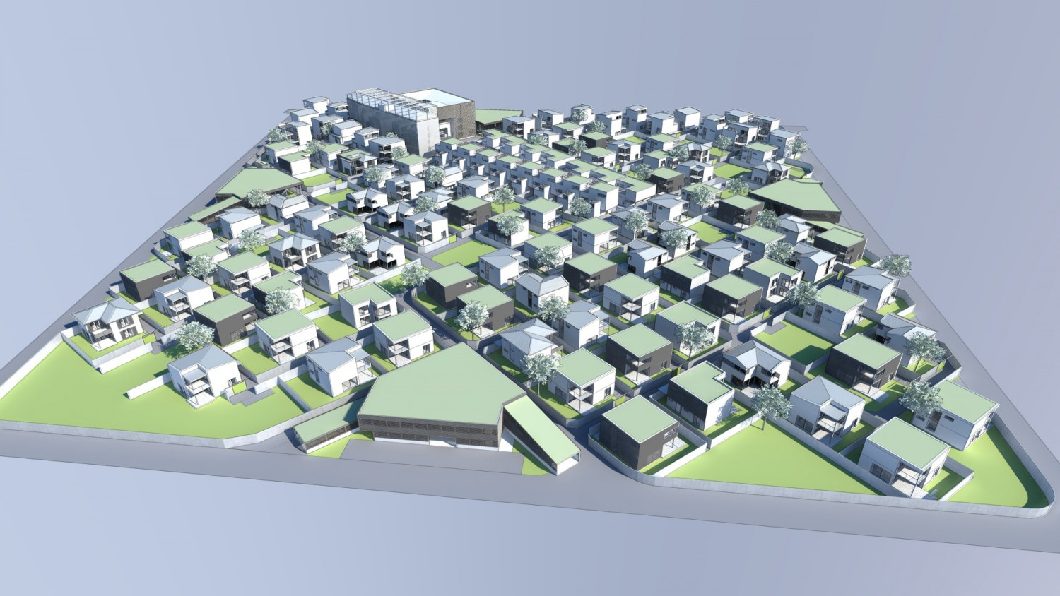 Visualisierung Vogelperspektive Einfamilienhaus Habitat Step 4 mit allen Einfamilienhäusern