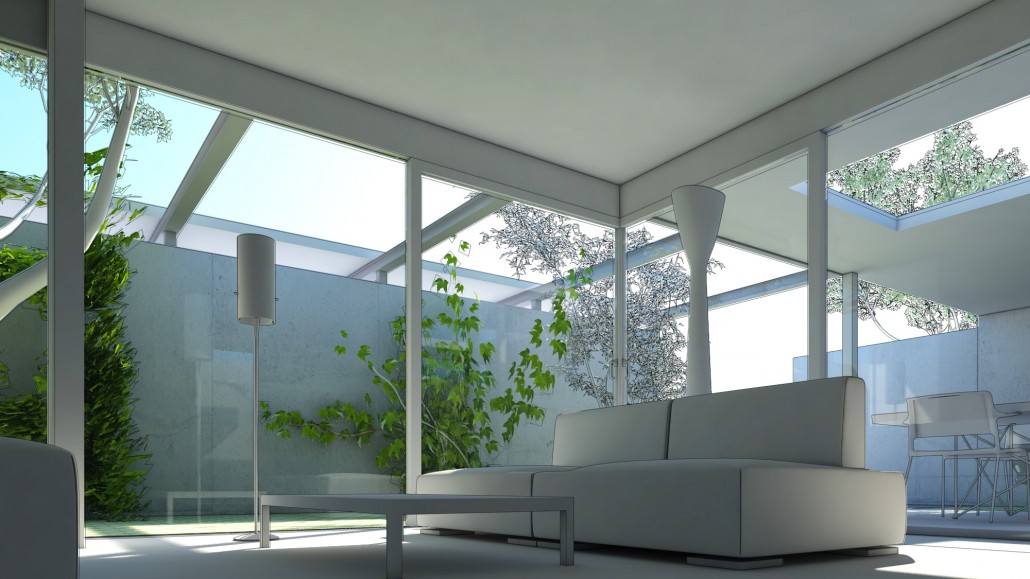 Schematische Visualisierung Microhabitat Wohnzimmer mit Blick aus dem Fenster auf den Betonzaun