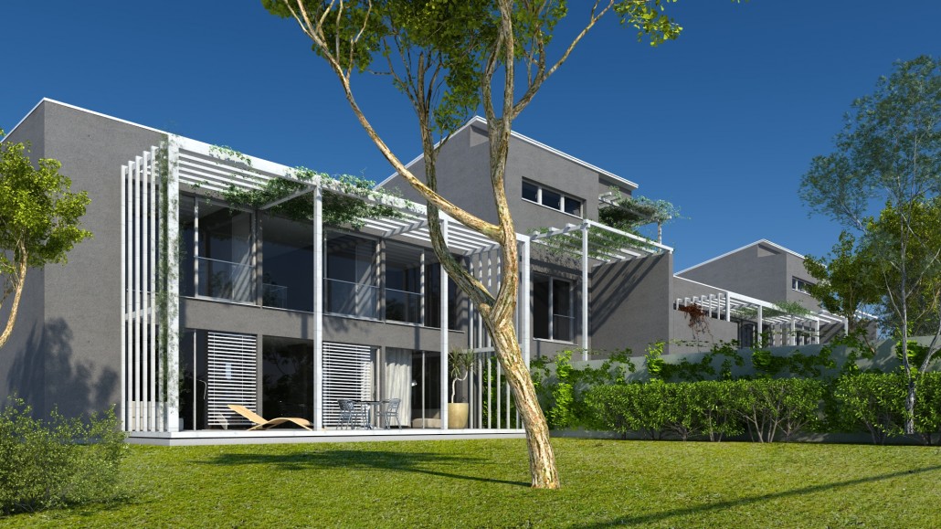 Visualiserung Reihenhaus mit Terrassenmodul, begrünten Spalieren an der Fassade und Garten